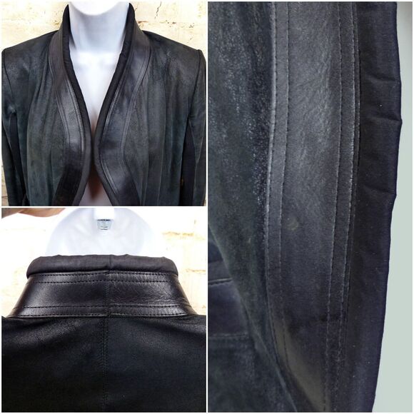 Rick Owen Distress Lamb Leather Jacket Women 6US Black Open Front Goth Y2K FLAWS - Picture 6 of 15